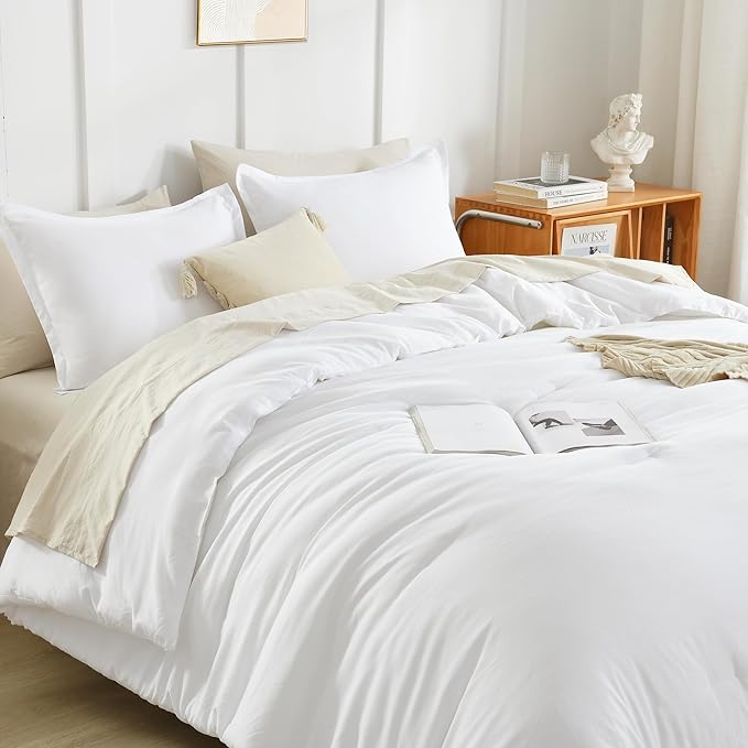 Litanika California King Comforter Set White - 3 Pieces Cal King Lightweight Soft Plain Bed Comforter, Oversized Down Alternative Bedding Set - Machine Washable (104x96In, 2 Pillowcases)