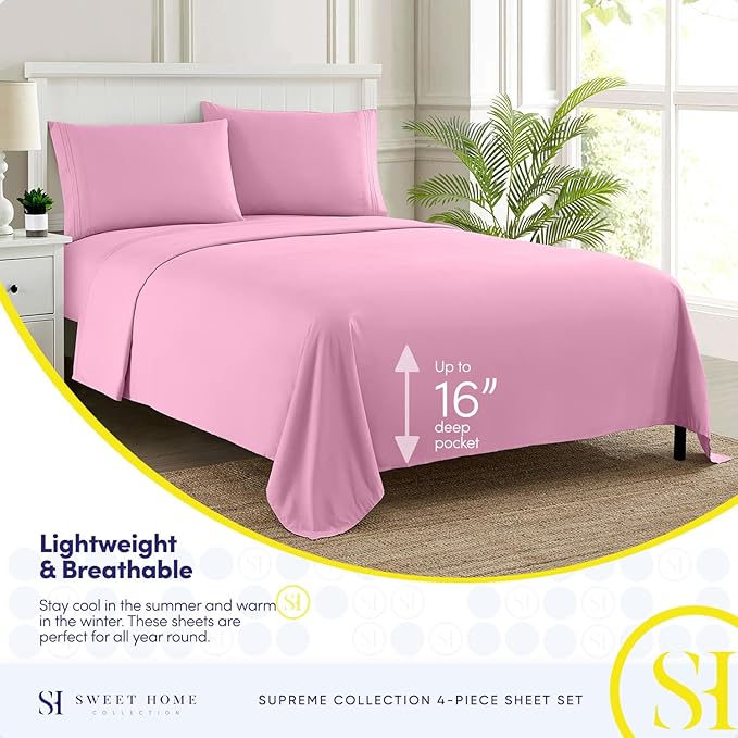 King Size Sheets - Breathable Luxury Bed Sheets with Full Elastic & Secure Corner Straps Built In - 1800 Supreme Collection Extra Soft Deep Pocket Bedding Set, Sheet Set, King, Pink
