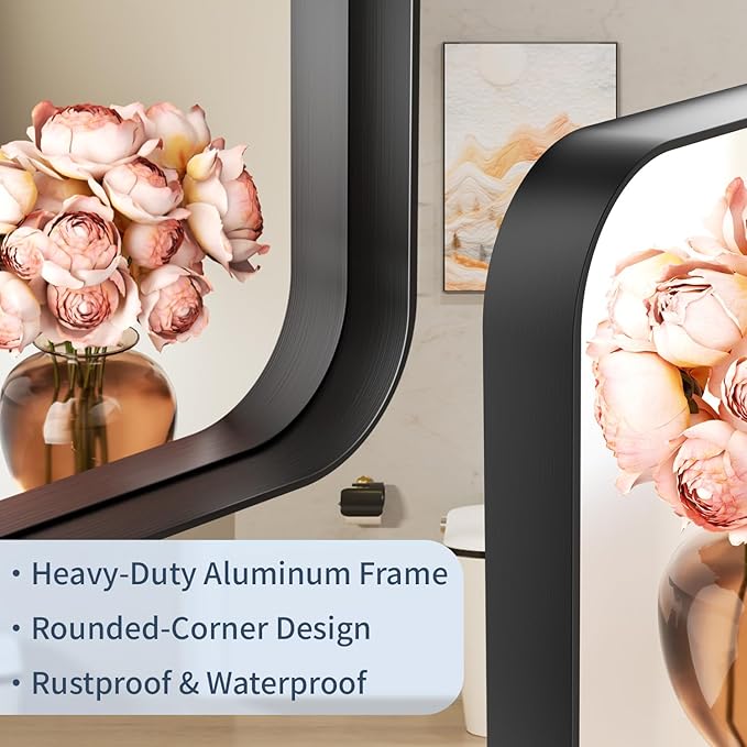 48×36 Rectangular Bathroom Mirrors for Over Sink - Aluminum Black Frame Mirror for Wall with Tempered Glass & Rounded Corners for Restroom, Entryway, Vanity, Horizontal/Vertical