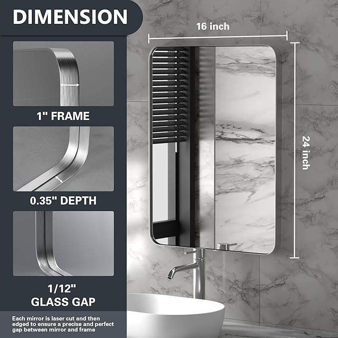 PAIHOME 16x24-Inch Brushed Nickel Bathroom-Vanity-Mirror for Wall - 304 Stainless Steel Silver Frame Bathroom Mirrors, Rectangle Farmhouse Mirror, Vertical Or Horizontal Hanging Modern Mirror