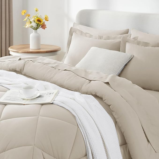 CozyLux Oversized Queen Comforter Set Beige - 7 Pieces Bed in a Bag Comforter Set with Sheets, Luxury Soft Bed Set All Seasons, Bedding Set with Down Alternative Comforter, Sheets, Pillowcases & Shams