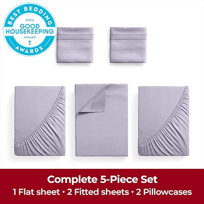 Mellanni Extra Deep Split King Sheets - 5 PC Iconic Collection Bedding - Hotel Luxury, Ultra Soft, Cooling Bed Sheets - Wrinkle, Fade, Stain Resistant (Split King, Lavender)