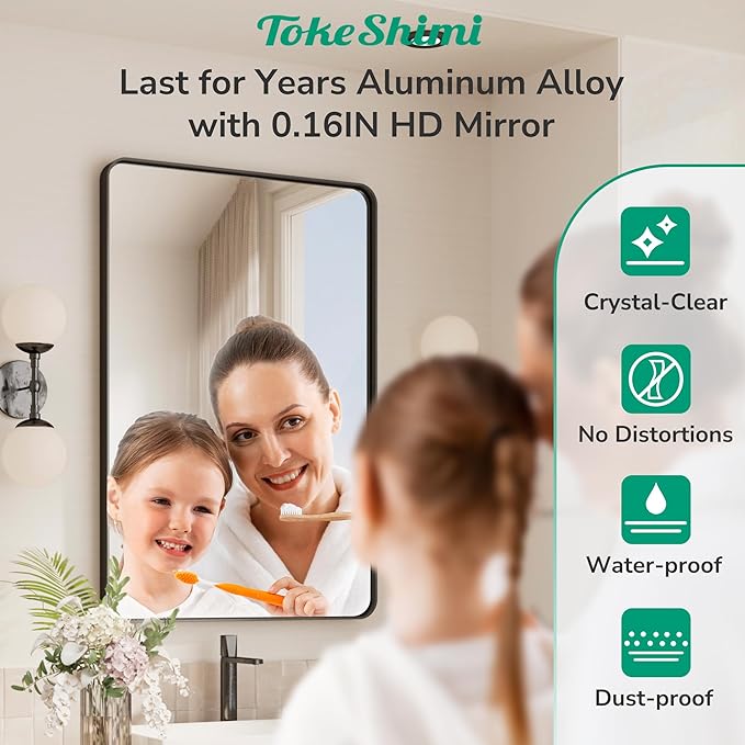 TokeShimi 30x36 Black Mirror for Bathroom,Modern Bathroom Vanity Mirror,Tempered Glass,Matte Black Aluminum Framed Mirror(Horizontal/Vertical)