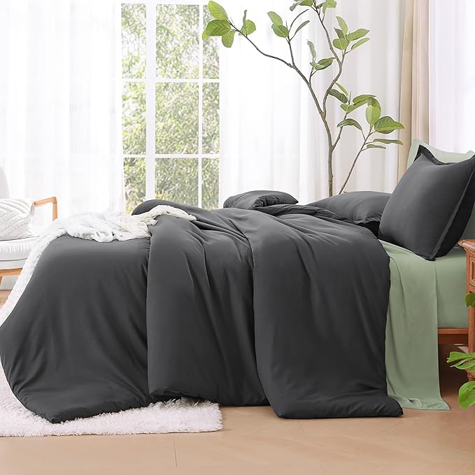 Litanika Comforter Set Dark Grey Oversized King Size, 3 Pieces Lightweight Solid Bedding Comforter Set, All Season Fluffy Bed Set (120x98In Comforter & 2 Pillowcases)