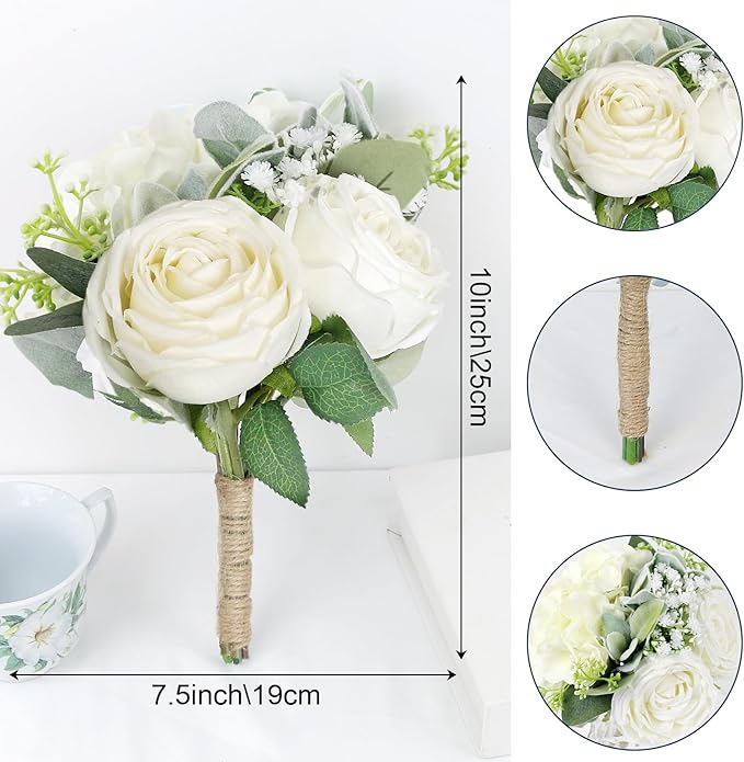 Bridesmaid Bouquets - Set of 4 Ivory White Artificial Flowers Bouquet Wedding Rustic Small Floral Centerpieces for Marriage Proposal Party Anniversary Dining Table Decorations