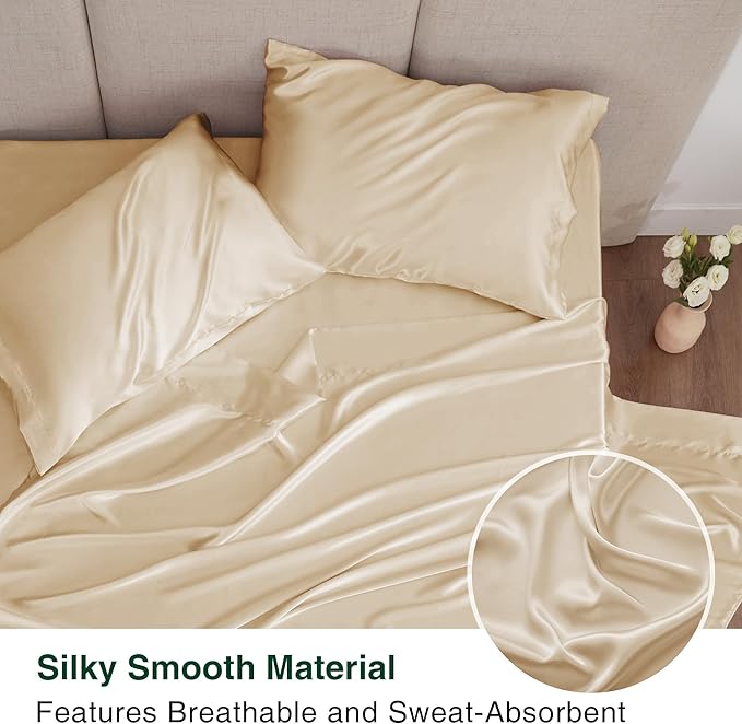 Love's cabin Satin Queen Sheets Set - 4 Piece Beige Silky Bed Sheets Set with Deep Pocket, Luxury Silk Feel Satin Queen Size Sheet Set (1 Flat Sheet,1 Fitted Sheet,2 Pillow Cases)