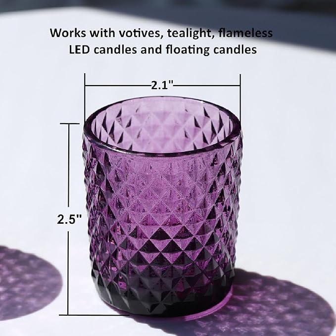 Woho 24pcs Purple Votive Candle Holders, Glass Tea Lights Candle Holder for Wedding Table Centerpiece, Studded Diamond Tealight Candle Holder for Tealight Candles/Votive Candles