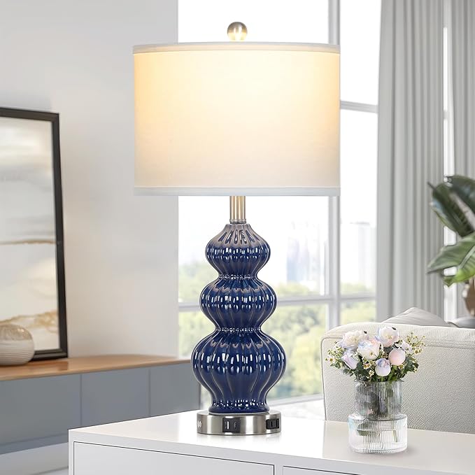26" Blue Table Lamp Set of 2 with USB A+C Ports & AC Outlet, Ceramic Table Lamps Classic Beside Lamps Nightstand Lamp Modern Table Lamp for Living Room,LED Bulbs Included