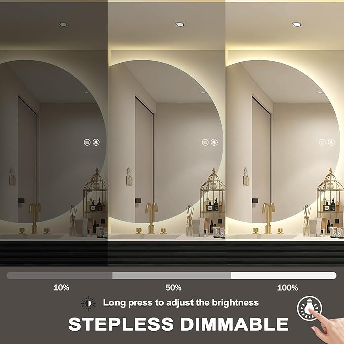 48"×34" LED Bathroom Mirror with Lights, Large Lighted Half Circle Bathroom Mirror-with Backlit, 3 Colors, Dimmable, Anti Fog, Shatter-Proof Modern Decor Vanity Mirrors