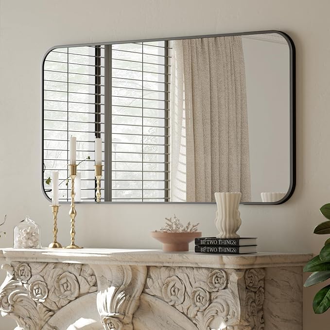 BEAUTYPEAK 26" x 38" Rectangular Aluminum Alloy Frame Wall Mounted Bathroom Mirror with Rounded Corners, Black