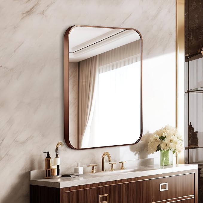 24"x36" Brushed Bronze Metal Framed Rounded Rectangle Mirror, Brown Wall Mounted Mirrors for Bathroom Entryway Vanity Living Room Bedroom, Vertical or Horizontal