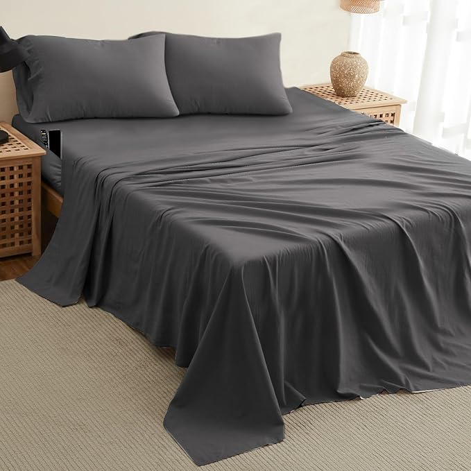 DREAMCARE Queen Sheet Set – 4 pcs Cooling Sheets – up to 21” Deep Pocket Queen Sheets – Hotel Luxury Sheets & Pillowcases – Superior Softness 100% Fine Microfiber with Side Pocket – Gray
