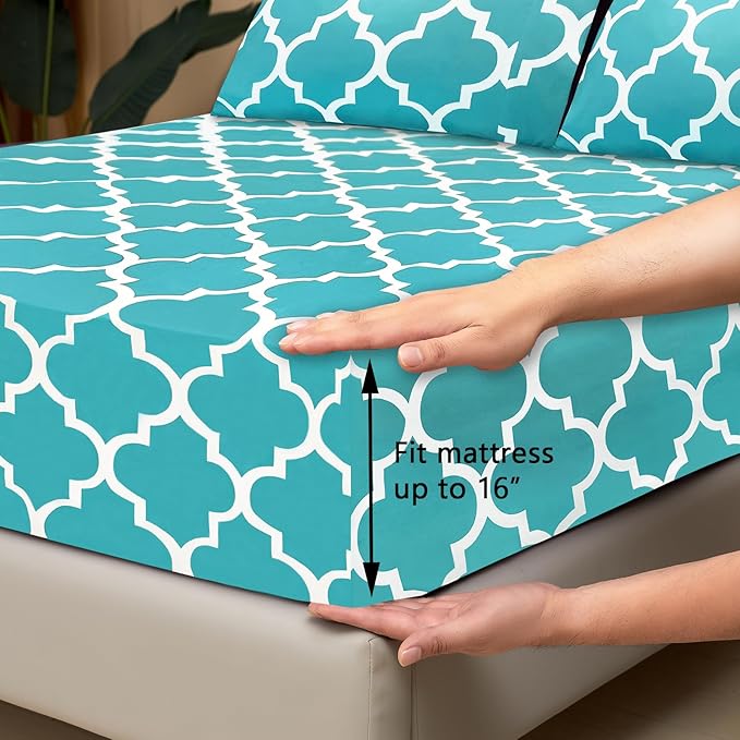 Mejoroom Queen Bed Sheet Set - Super Soft Brushed Microfiber - 1800 Thread Count Queen Sheets with 16 inch Deep Pocket - Wrinkle Free - 4 Piece(Queen, Aqua Quatrefoil with White Pattern)