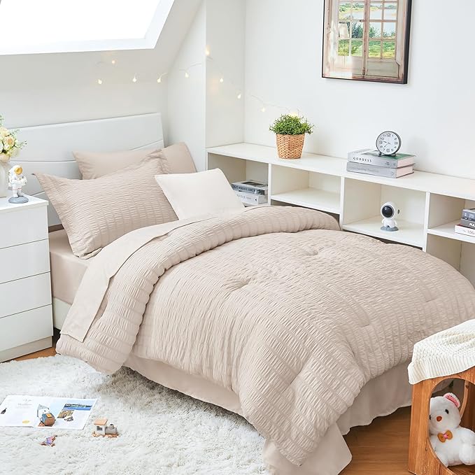 HYMOKEGE Beige Twin XL Comforter Set Seersucker 5 Pieces, All Season Luxury Bed in a Bag for Bedroom, Bedding Set with Comforter, Sheets, Pillowcase & Sham