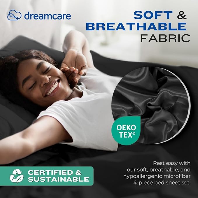 DREAMCARE Full Size Sheets - Cooling Bed Sheets - 4pcs Set - up to 15" Deep Pocket Full Sheet Set - Sheets Full Size Bed - Soft & Long Lasting 100% Fine Brushed Polyester with Side Pocket - Black