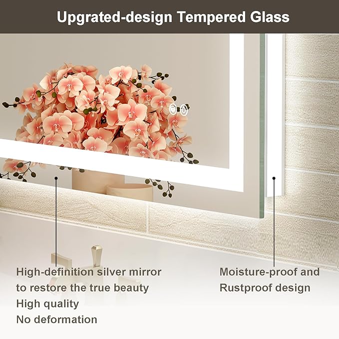 40x32 LED Bathroom Mirror with Lights, Front and Rear Lighting, Tempered Glass, Dimmable, Multiple Light Modes, Anti-Fog Lighted Bathroom Vanity Mirror for Wall, Memory Function