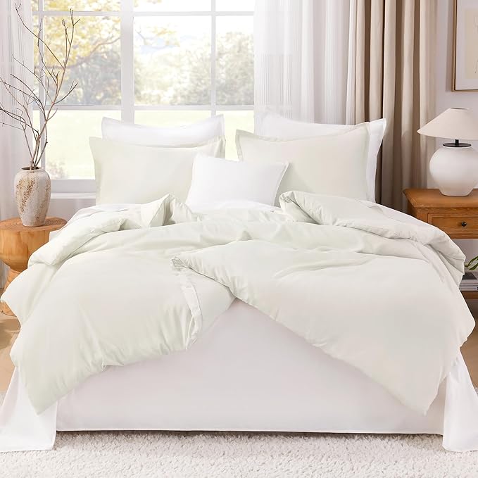 Litanika Ivory Comforter Set Queen Size, 3 Pieces Lightweight Solid Bedding Comforter Set, All Season Fluffy Bed Set (90x90In Comforter & 2 Pillowcases)