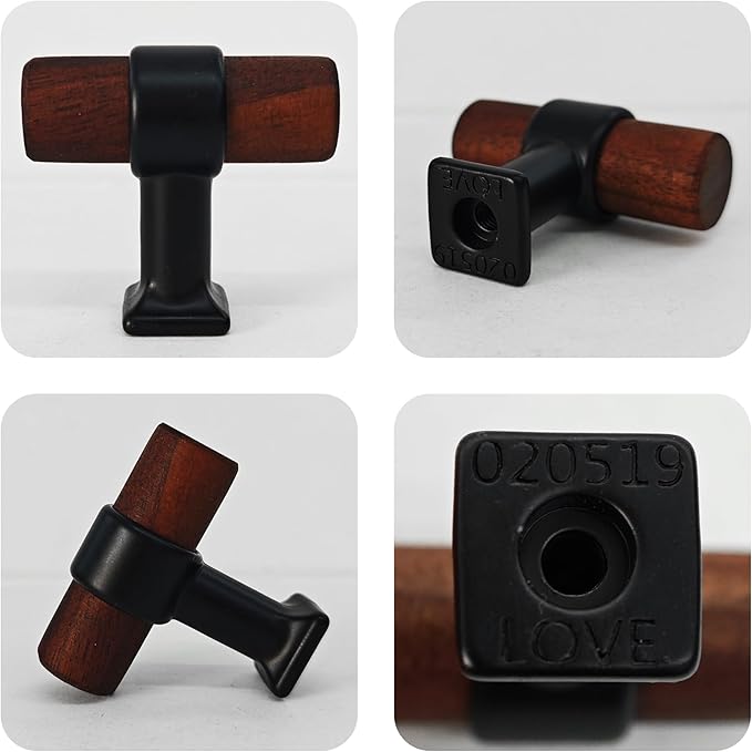 4Pcs 1.57” Walnut Wood Drawer Pulls, Single Hole Kitchen Cabinet Hardware Handles, Metal and Wooden Cabinet Knobs, T Bar Knob Pull Handles for Wardrobe, Dresser, Cupboard