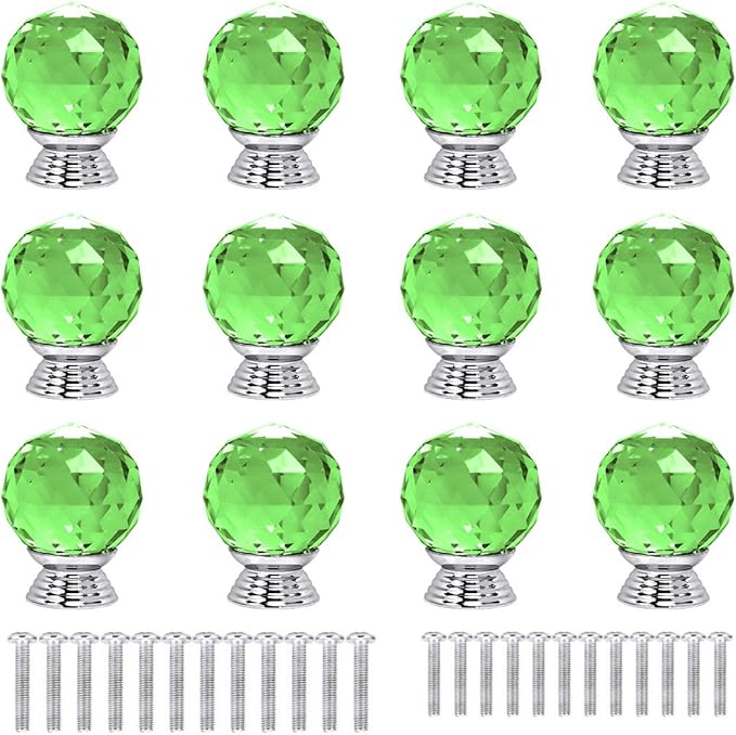 12 Pcs 30mm Round Shape Crystal Glass Cabinet Knobs with Screws Drawer Knob Pull Handle Used for Kitchen, Dresser, Door, Cupboard(Green