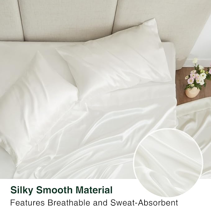 Love's cabin Satin King Sheet Sets - 4 Piece Ivory Silky Sheets King Size Bed Set with Deep Pocket, Luxury Silk Feel King Size Satin Sheet Set (1 Flat Sheet,1 Fitted Sheet,2 Pillow Cases)