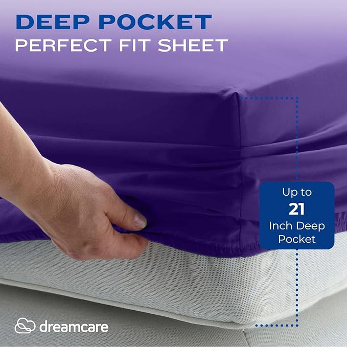 DREAMCARE Queen Sheet Set – 4 pcs Cooling Sheets – up to 21” Extra Deep Pocket Queen Sheets – Hotel Luxury Sheets & Pillowcases – Superior Softness 100% Fine Microfiber with Side Pocket – Purple