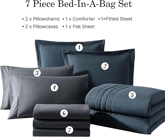 Monbix King Size Comforter Set - 7 Pieces Bed in a Bag King, Blue Gray Bedding Sets with Comforter, All Seasons Comforter Bed Set with Sheets, Pillowcases & Shams