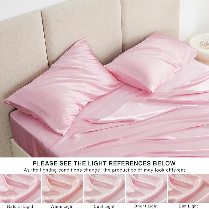 Love's cabin 4Piece California King Satin Bed Linen Set, Pink Silky Satin Sheets, Deep Pocket, Luxury Silk Feel, 1 Flat, 1 Fitted Sheet, 2 Pillow Cases