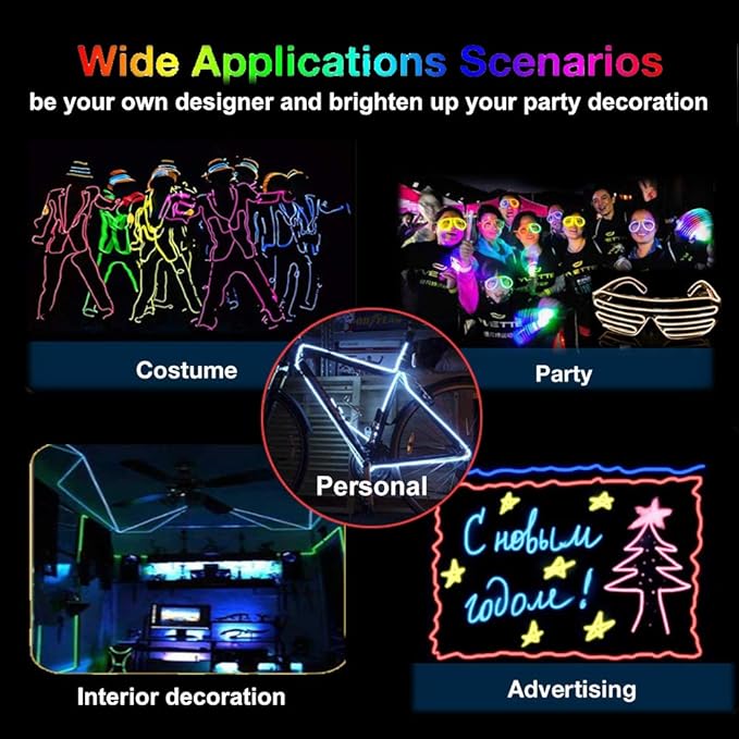 MaxLax EL Wire Yellow, 32.8ft/10m Portable Battery Pack Neon Light Strip 360° Cuttable Glowing Rope Lights for Parties, Halloween, DIY Decoration