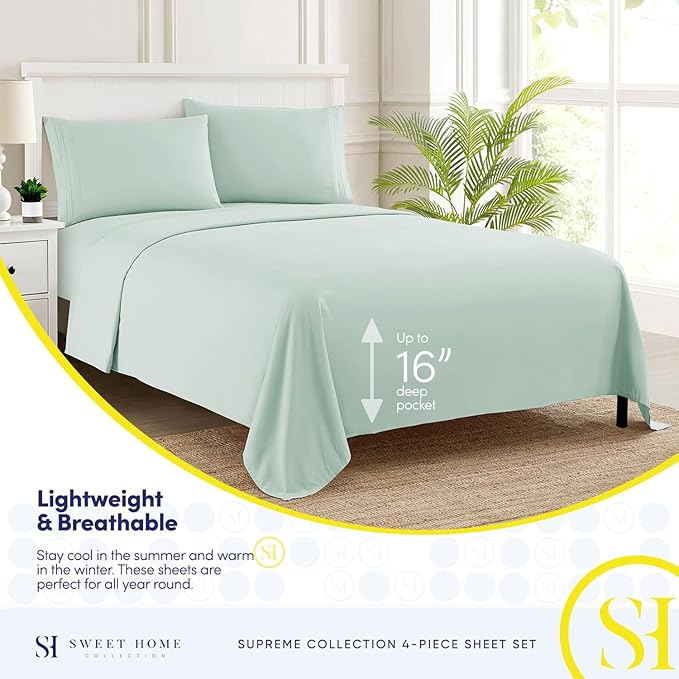 Split King Sheets - Breathable Luxury Sheets with Full Elastic & Secure Corner Straps Built In - 1800 Supreme Collection Extra Soft Deep Pocket Bedding Set, Sheet Set, Split King Size, Mint