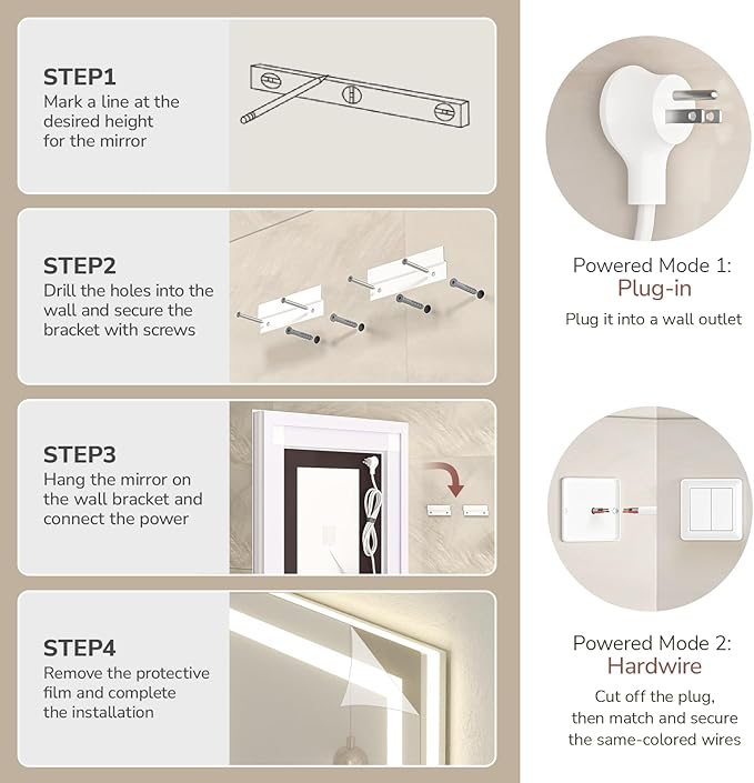 USHOWER LED Bathroom Mirror 28x36 Inch with Lights - Frameless Tempered Glass LED Backlit Lighted Mirror for Bathroom Vanity with Anti-Fog, 3 Colors Dimmable, Memory Function, Wall-Mounted