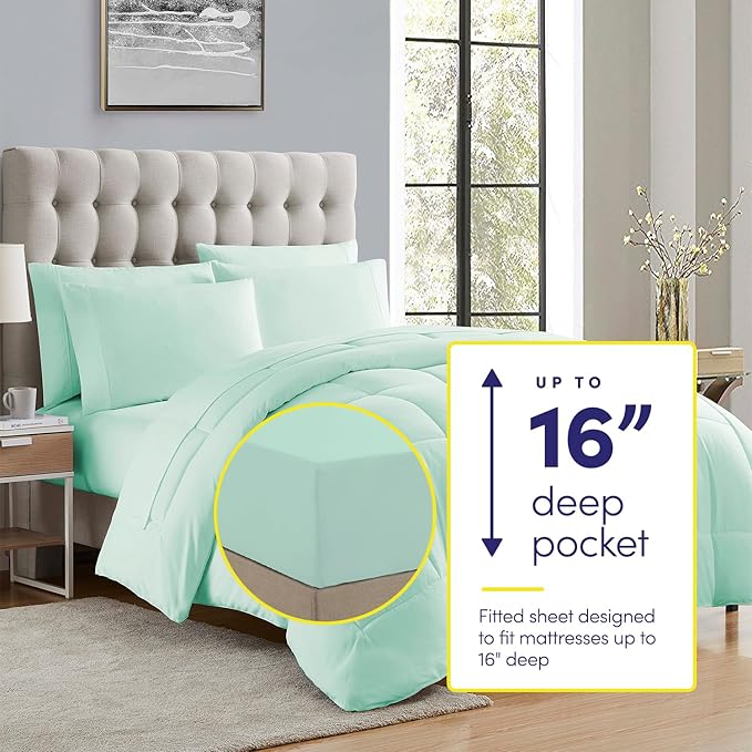 King Size Comforter Set with Sheets - 7-Piece Bedding Collection - 1 Comforter, 1 Fitted Sheet, 1 Flat, 4 Pillowcases - Deep Pocket - Soft & Breathable Premium Quality - Ideal for All Seasons, Mint