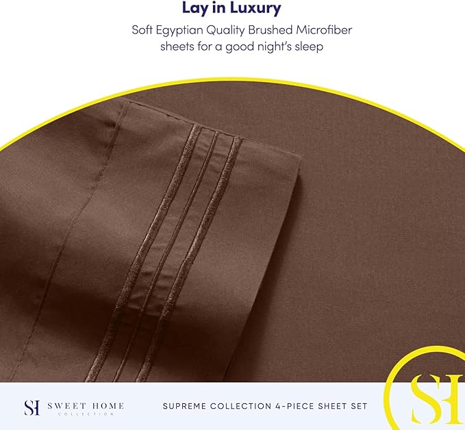 Queen Size Bed Sheets - Breathable Luxury Sheets with Full Elastic & Secure Corner Straps Built In - 1800 Supreme Collection Extra Soft Deep Pocket Bedding Set, Sheet Set, Queen, Brown