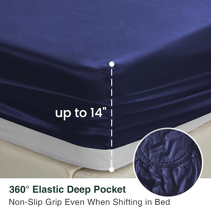 Love's cabin Full Size Satin Sheet Sets - 4 Piece Navy Blue Silky Sheet Set Full with Deep Pocket, Luxury Silk Feel Satin Bed Sheets Full Bedding Set (1 Flat Sheet,1 Fitted Sheet,2 Pillow Cases)