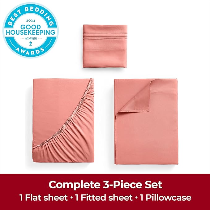 Mellanni Extra Deep Twin Sheets - 3 PC Iconic Collection Bedding - Hotel Luxury, Ultra Soft, Cooling Bed Sheets - Wrinkle, Fade, Stain Resistant (Twin, Coral)