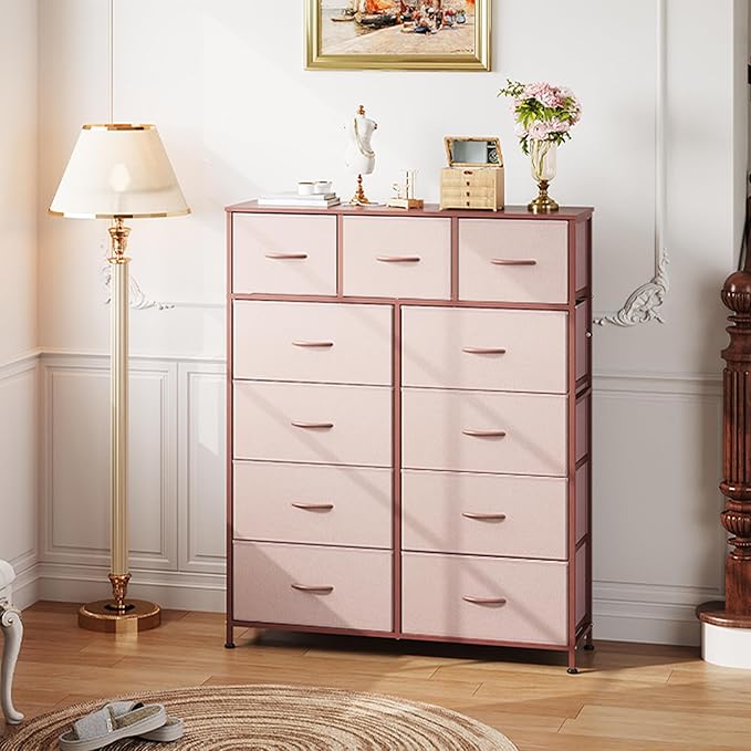 WLIVE Storage Organizer Unit with 11 Fabric Bins, Storage Drawers Organizer with Steel Frame, Tall Storage Tower Organizaton for Living Room, Hallway, Office, Office, Pink