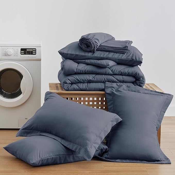 Love's cabin California King Comforter Set Navy Blue, 7 Pieces California King Bed in a Bag, All Season Bedding Sets with 1 Comforter, 1 Flat Sheet, 1 Fitted Sheet, 2 Pillowcase and 2 Pillow Sham