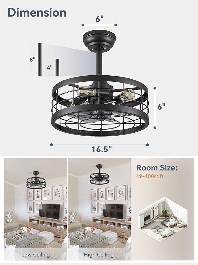 LEDIARY 16.5 inch Black Caged Ceiling Fan with Light, Fandelier Industrial Ceiling Fan with Remote, Farmhouse Fan Lights Ceiling Fixtures for Kitchen, Bedroom, Outdoor（6 Speed, Timing）-Black