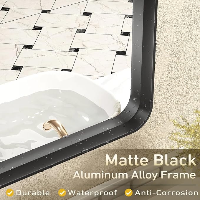 55x40 Inch Black Metal Framed Bathrrom Mirror for Wall, Black Matte Rounded Rectangle Bathroom Vanity Mirror, Anti-Rust, Tempered Glass, Hangs Horizontally or Vertically