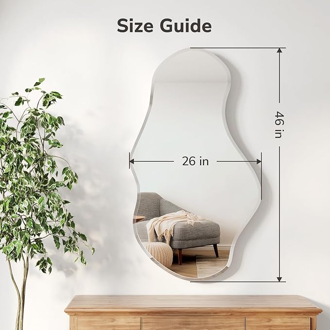 USHOWER Irregular Wall Mirror 26"x46", Frameless Asymmetrical Mirror, Modern Wall Mirrors Decorative for Bathroom, Bedroom, Living Room, Entryway, Cloakroom Renovation