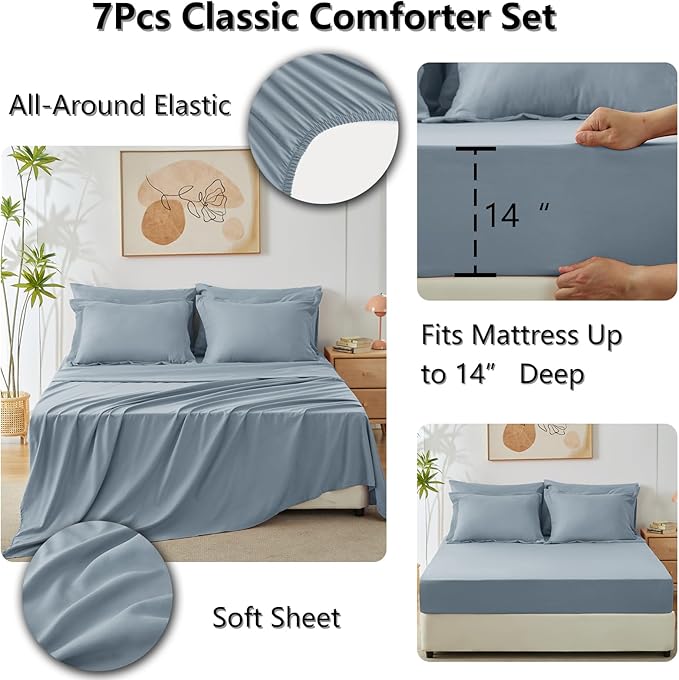 CozyLux Full Size Comforter Sets Dusty Blue - 7 Pieces Bed in a Bag Full, Luxury Soft Bed Set for All Seasons, Bedding Set with Down Alternative Comforter, Sheets, Pillowcases & Shams, Grayish Blue