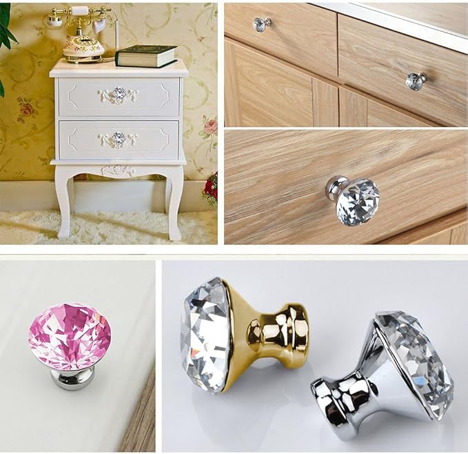 30mm Kitchen Cabinet Knobs Drawer Pull Handle Hardware, Crystal Clear Pink Glass Round Diamond Shape Dresser Closet Bi-fold Door Bathroom Cupboard Desk Nightstand Bookcase Furniture Drawer Knob, 8PCS