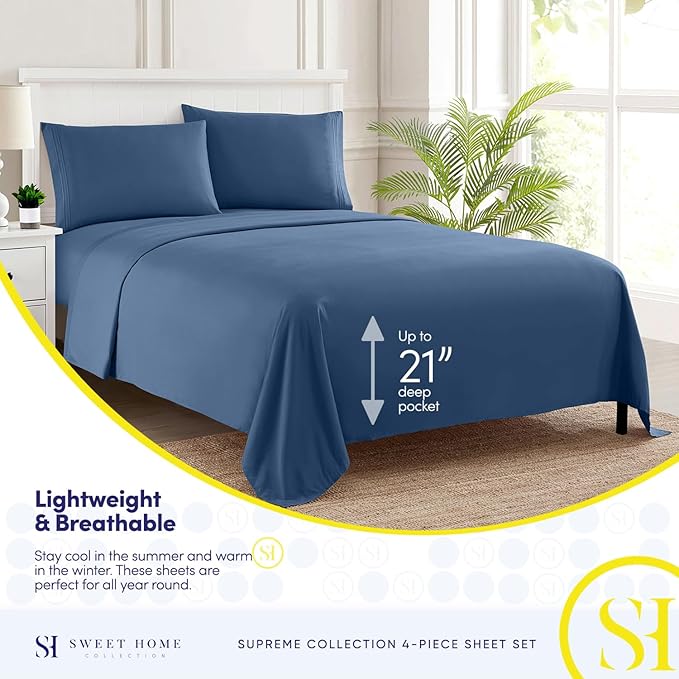 California King Sheet Sets - Breathable Luxury Sheets with Full Elastic & Secure Corner Straps Built In - 1800 Supreme Collection Deep Pocket Bedding, Sheet Set, EXTRA DEEP pocket - Cal King, Denim
