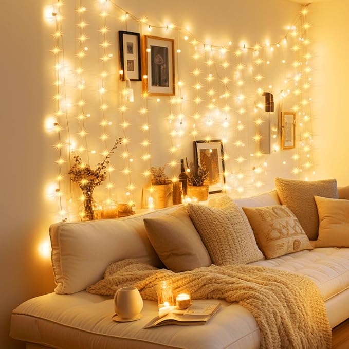 Minetom Curtain Lights, 300 LED Dimmable Fairy Lights with Remote and Timer, 8 Modes, USB Powered String Lights for Room Wall Party Xmas Indoor Decor, Warm White