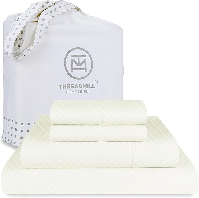 Threadmill Luxury 100% Cotton Full Bed-Sheets - 800 Thread Count Jacquard Celine Ivory,4 Pc Striped Best Sheets for Bed, Damask Sheets with Elasticized Deep Pocket