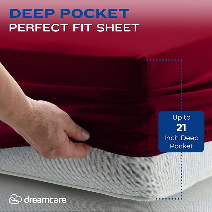 DREAMCARE Queen Sheet Set – 4 pcs Cooling Sheets – up to 21” Extra Deep Pocket Queen Sheets – Hotel Luxury Sheets & Pillowcases – Superior Softness 100% Fine Microfiber with Side Pocket – Burgundy