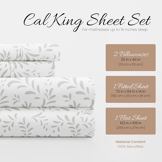 Linen Market Double-Brushed Patterned Microfiber California King Sheet Set 4 Piece – Oeko-TEX Certified Ultra Soft & Wrinkle-Free - 16" Deep Pocket Sheets Easy Care Cal-King Size - Vines Light Gray
