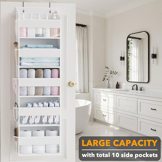 SpaceAid 2 Pack Over The Door Organizer with 5 Large Pockets and 10 Mesh Side Pockets, 5 Layers Door Organizer Hanging with Clear Window for Bedroom, Bathroom, Pantry and Nursery, White