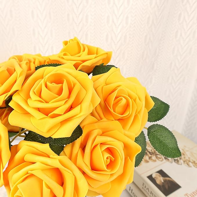 MACTING Artificial Yellow Rose Flowers 30PCS Real Touch Foam Roses with Stem Fake Flowers for DIY Table Centerpieces Bouquets Wedding Party Holiday Home Spring Mothers Day Decorations