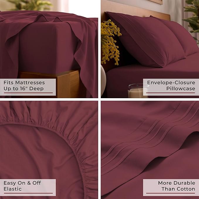 Mellanni Queen Sheets Set - 4 PC Iconic Collection Bedding - Hotel Luxury, Extra Soft, Cooling Bed Sheets - Wrinkle, Fade, Stain Resistant (Queen, Burgundy)