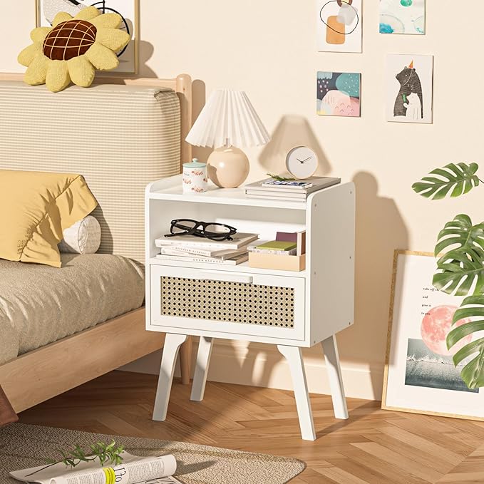 Lerliuo Rattan Nightstand, Bedside Table with Drawer Open Shelf, Cane Accent Side End Table with Solid Wood Legs, White Mid Century Night Stand for Bedroom, Dorm and Small Spaces